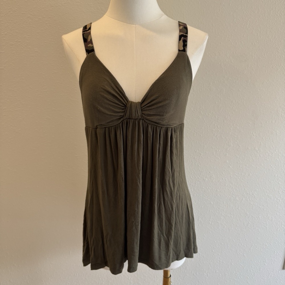 Vintage Y2K Rue 21 Olive Green Camo Babydoll Tank Cami Tunic Padded Bra Top Sz M
